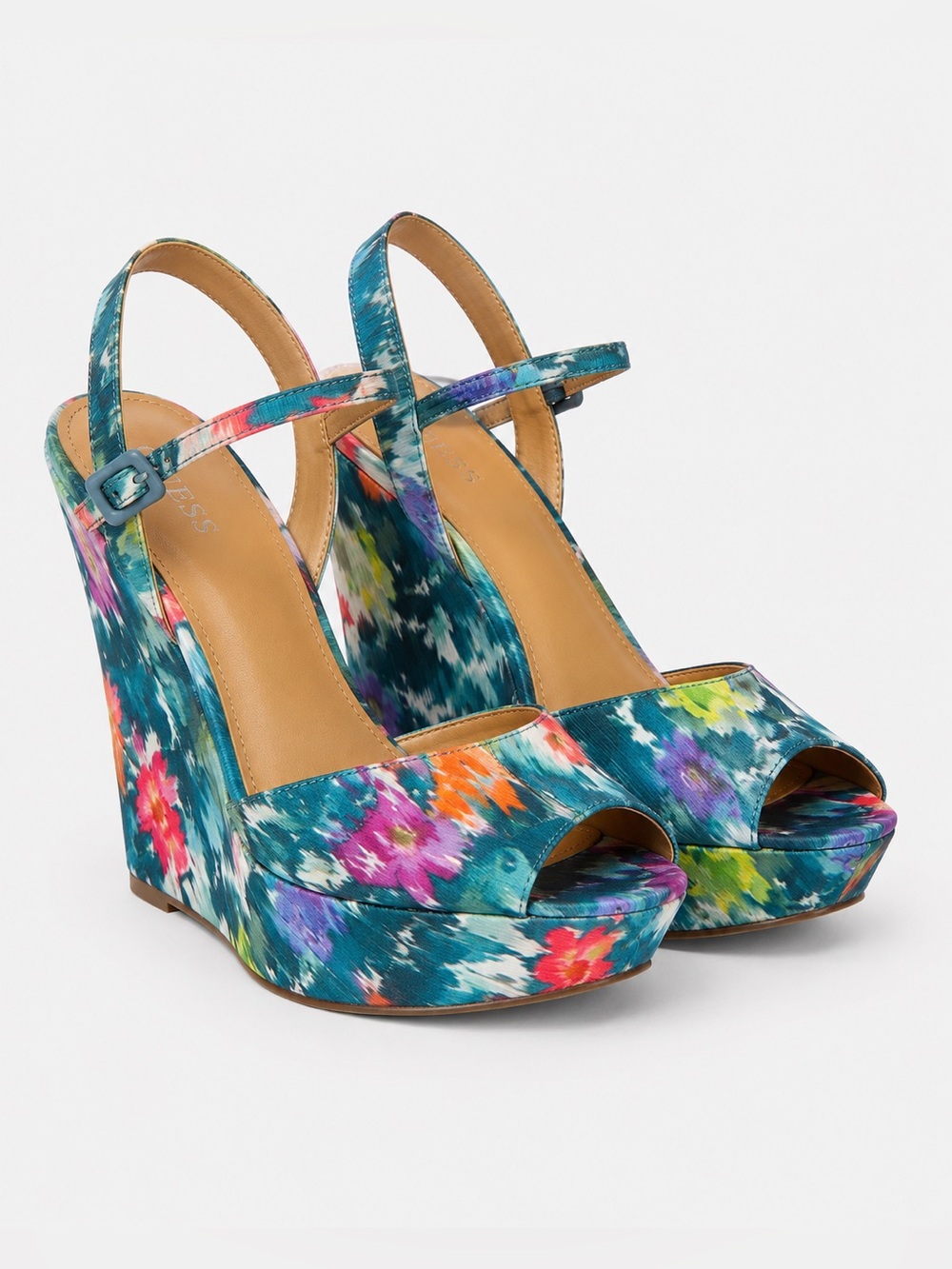 Guess Floral Wedge Platform Sandals Multicolor Ankle Strap Size 7